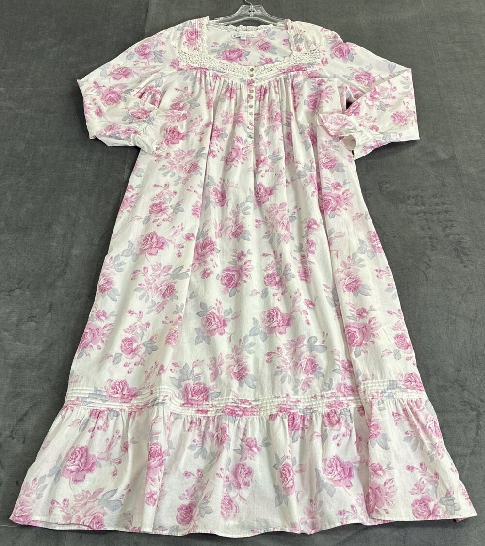 Eileen West 100% Cotton Flower Print Gown With Ruffle Nightgown Nightie Size Lg.